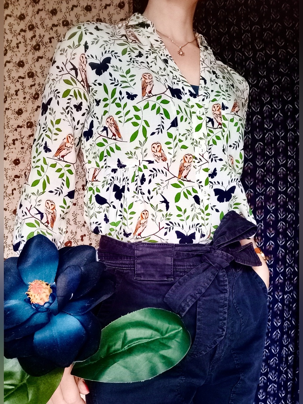 Anthro ❉ Maeve Woodland Walk Owl Butterfly Button Down Shirt Size 00 Petite